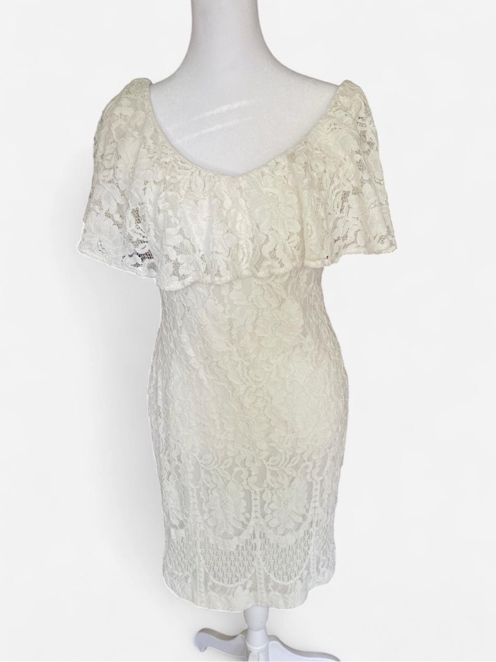 Lauren Ralph Lauren Ivory Lace Ruffle Off-Shoulder Midi Dress